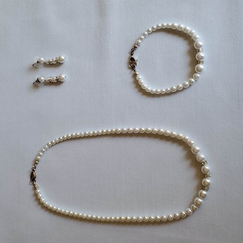 Faux Pearl Diamond Band Necklace, Bracelet and Earrings Matching Set